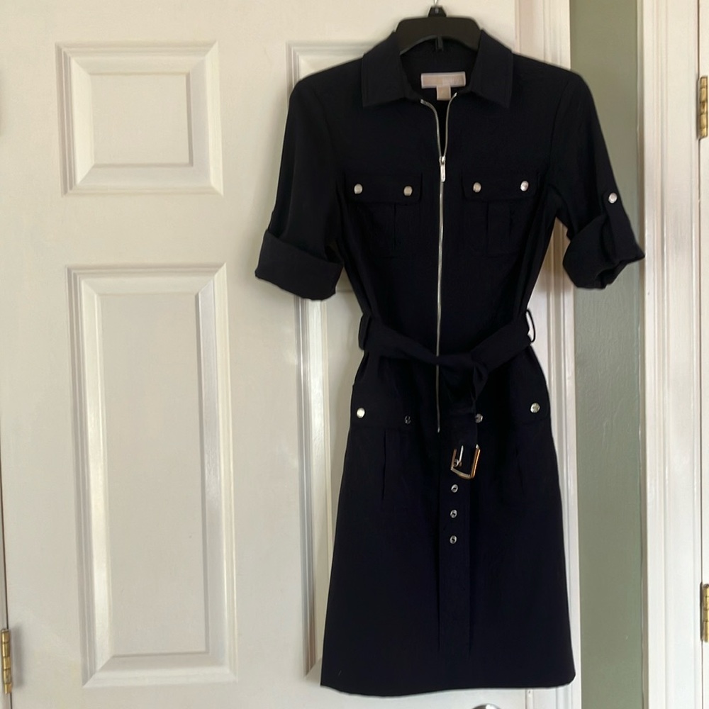 Michael Kors navy blue zipper dress with silver buttons and detachable belt